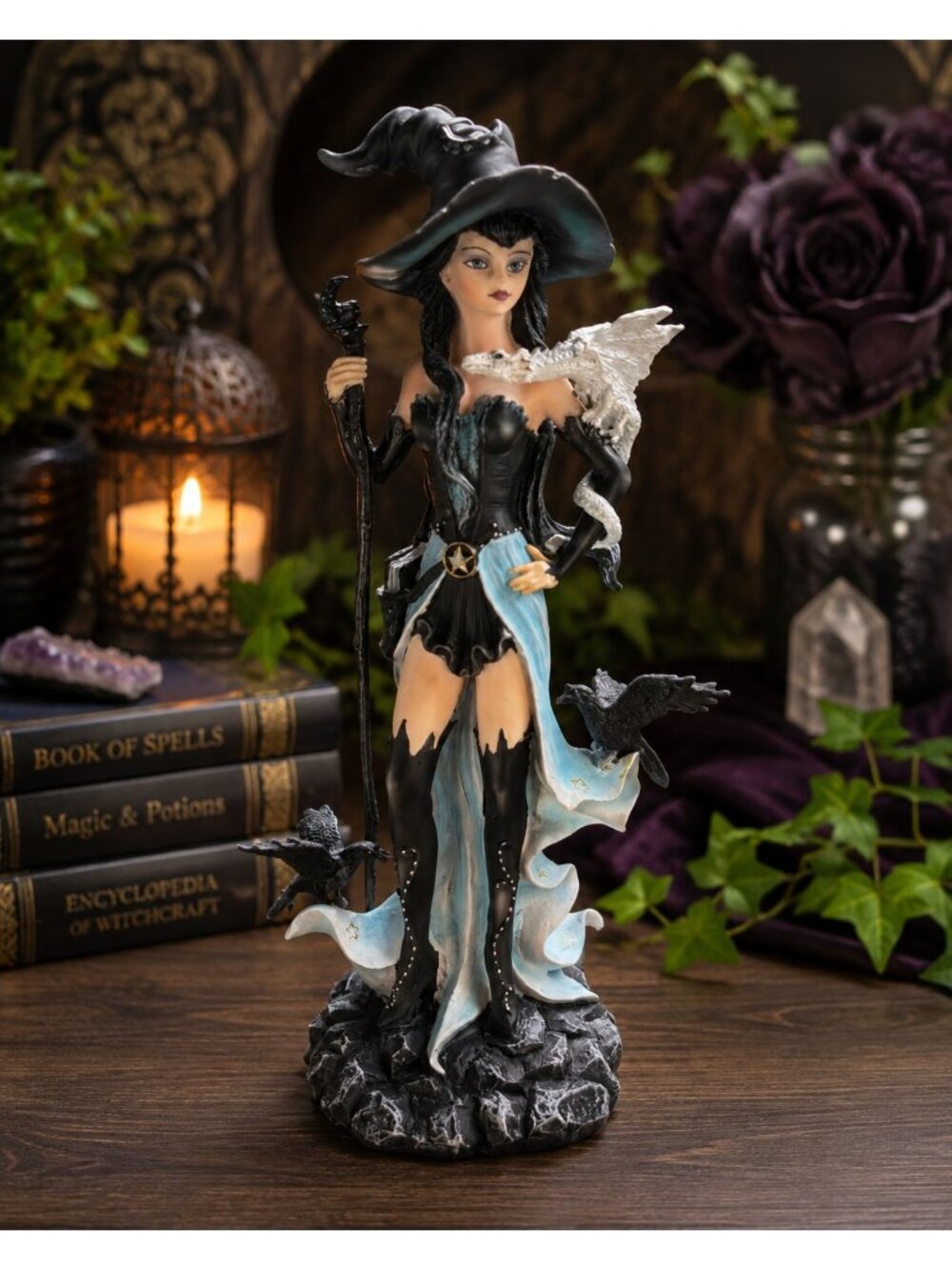 Gothic Fantasy Sorceress Statue Witch Resin Figurine with White Dragon & Ravens